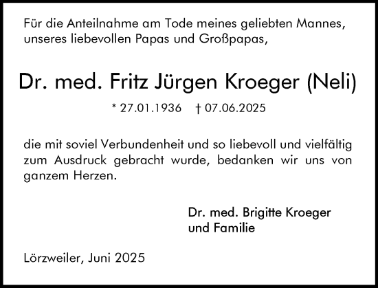 Traueranzeige von Fritz Jürgen Kroeger von Allgemeine Zeitung Mainz