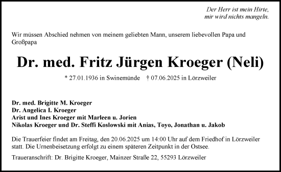 Traueranzeige von Fritz Jürgen Kroeger von Allgemeine Zeitung Mainz