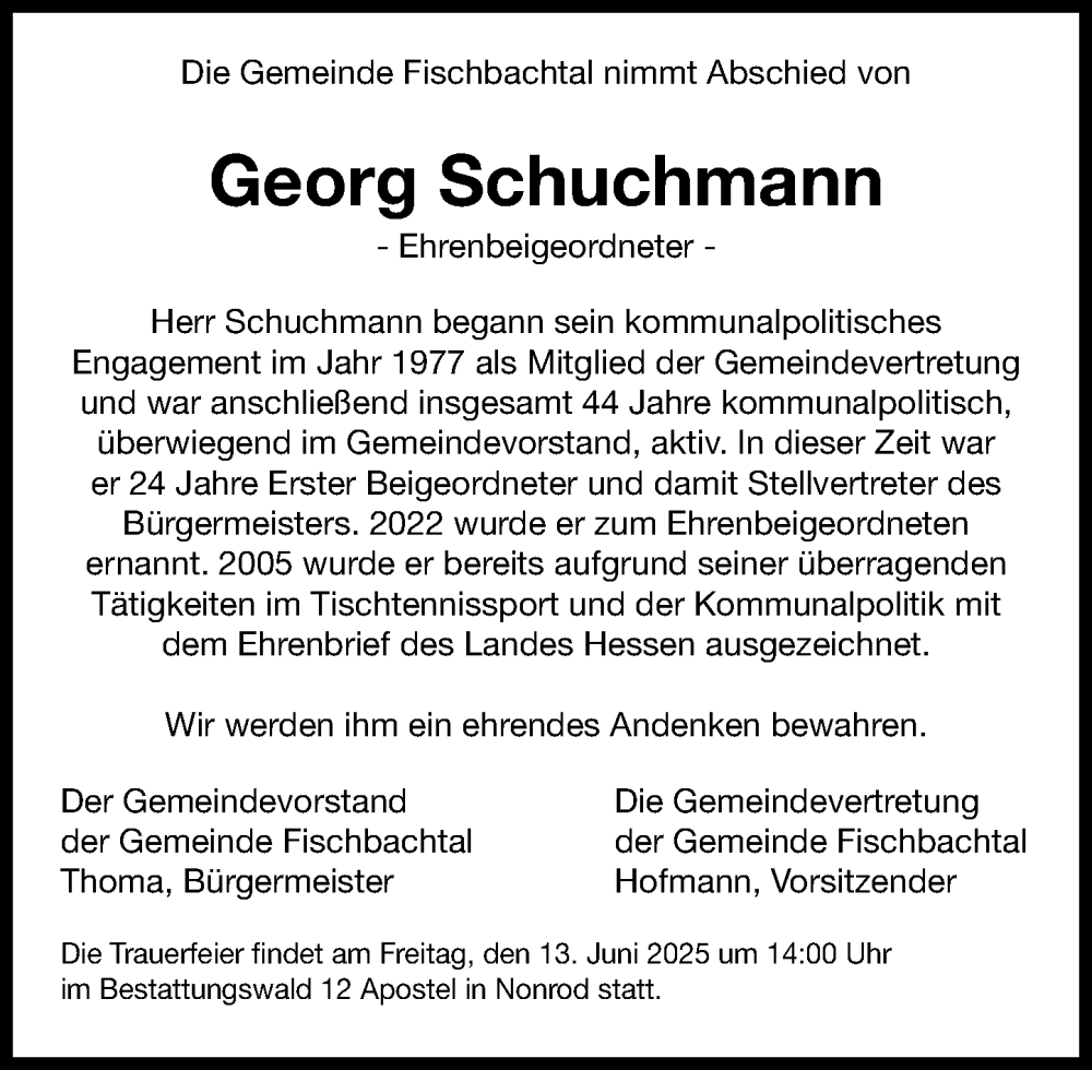  Traueranzeige für Georg Schuchmann vom 07.06.2025 aus Darmstädter Echo