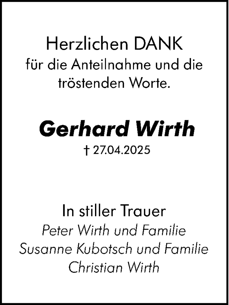  Traueranzeige für Gerhard Wirth vom 14.06.2025 aus Weilburger Tageblatt