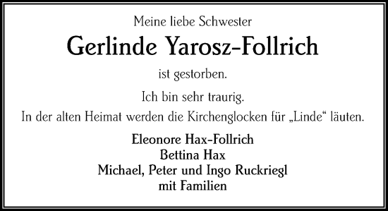 Traueranzeige von Gerlinde Yarosz-Follrich von Wiesbadener Kurier