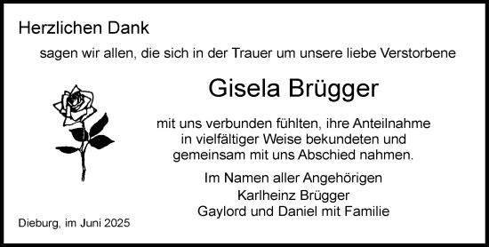 Traueranzeige von Gisela Brügger von Dieburger Anzeiger/Groß-Zimmerner Lokal-Anzeiger