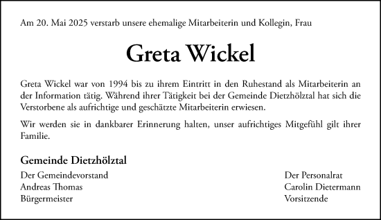 Traueranzeige von Greta Wickel von Dill Block