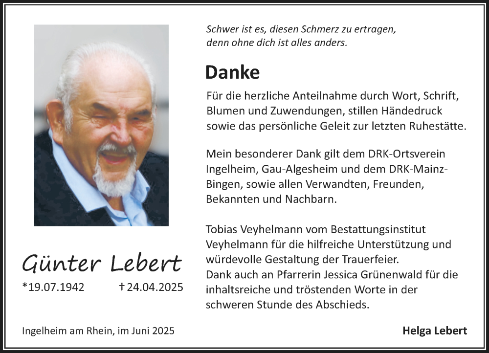  Traueranzeige für Günter Lebert vom 07.06.2025 aus Allgemeine Zeitung Rheinhessen-Nahe