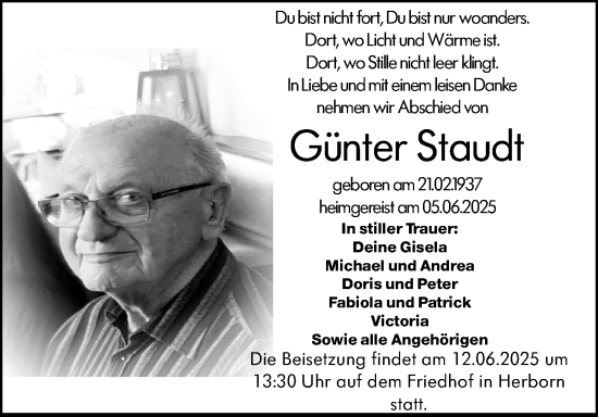 Traueranzeige von Günter Staudt von Dill Block