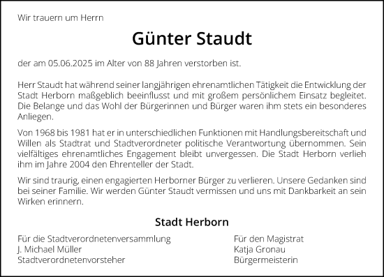 Traueranzeige von Günter Staudt von Dill Block