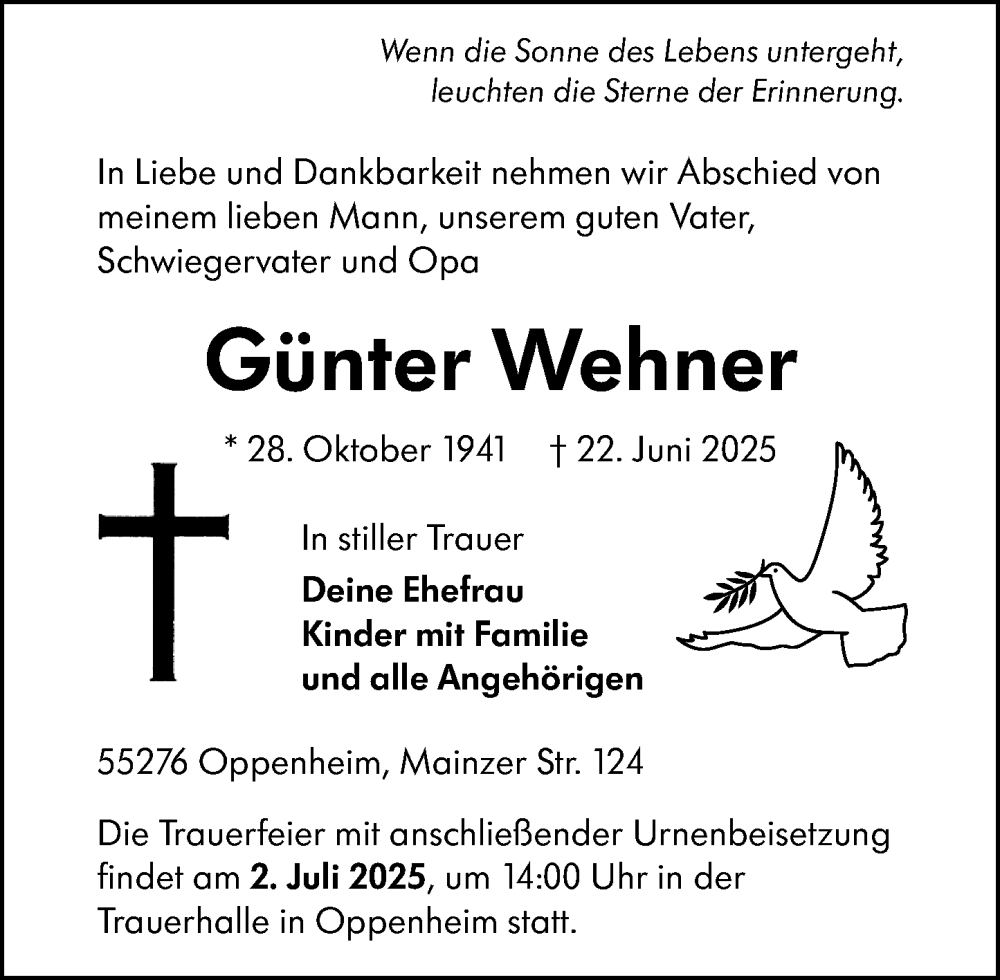  Traueranzeige für Günter Wehner vom 28.06.2025 aus Rüsselsheimer Echo