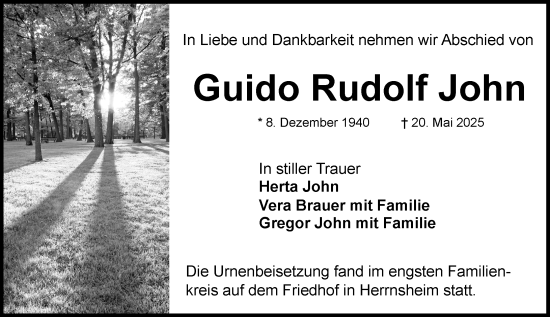 Traueranzeige von Guido Rudolf John von Wormser Zeitung