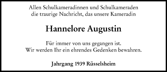 Traueranzeige von Hannelore Augustin von Rüsselsheimer Echo