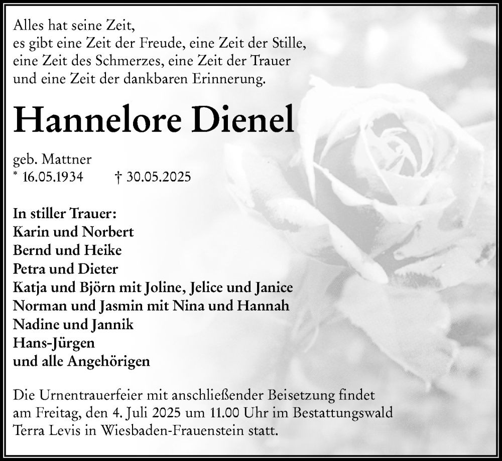  Traueranzeige für Hannelore Dienel vom 28.06.2025 aus Wiesbadener Kurier
