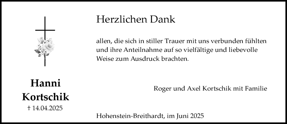  Traueranzeige für Hanni Kortschik vom 21.06.2025 aus Wiesbadener Kurier