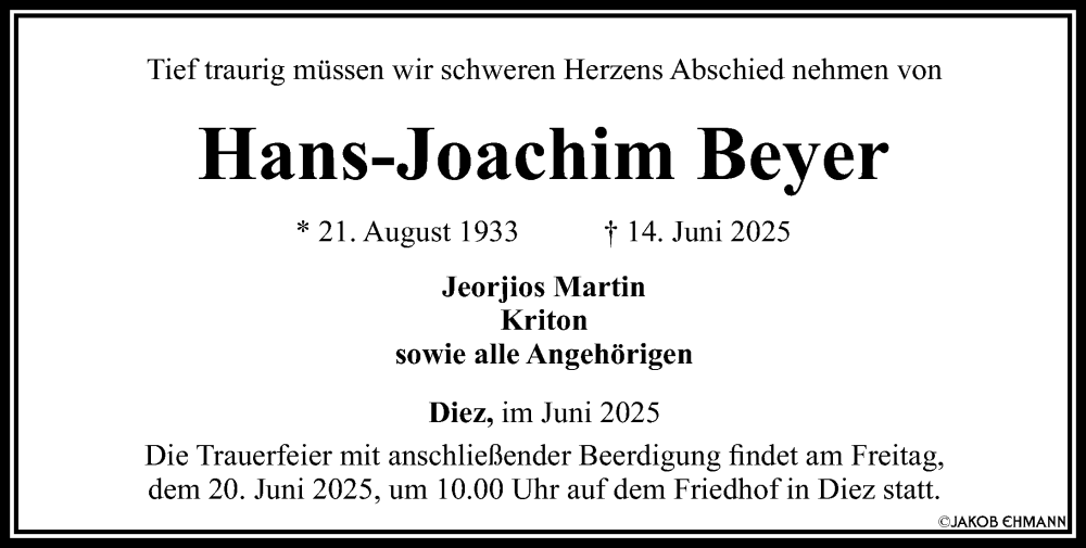  Traueranzeige für Hans-Joachim Beyer vom 18.06.2025 aus Nassauische Neue Presse