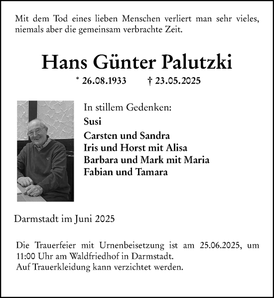 Traueranzeige von Hans Günter Palutzki von Darmstädter Echo