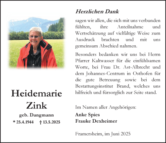Traueranzeige von Heidemarie Zink von Allgemeine Zeitung Alzey