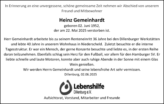 Traueranzeige von Heinz Gemeinhardt von Dill Block