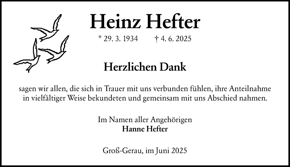  Traueranzeige für Heinz Hefter vom 28.06.2025 aus Groß-Gerauer Echo