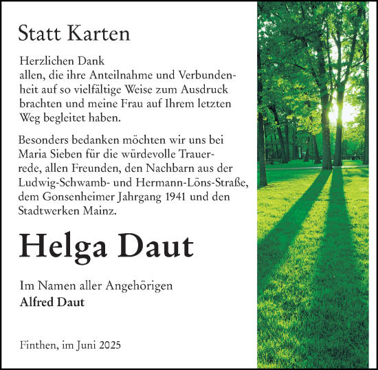 Traueranzeige von Helga Daut von Allgemeine Zeitung Mainz