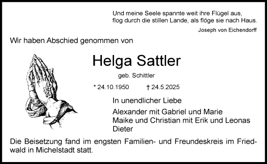 Traueranzeige von Helga Sattler von Dieburger Anzeiger/Groß-Zimmerner Lokal-Anzeiger