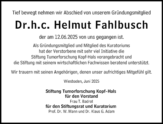 Traueranzeige von Helmut Fahlbusch von Wiesbadener Kurier