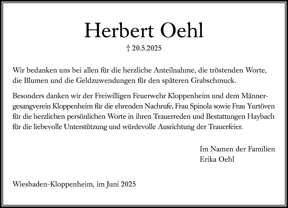  Traueranzeige für Herbert Oehl vom 28.06.2025 aus Wiesbadener Kurier
