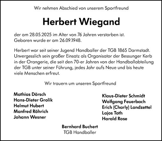 Traueranzeige von Herbert Wiegand von Darmstädter Echo