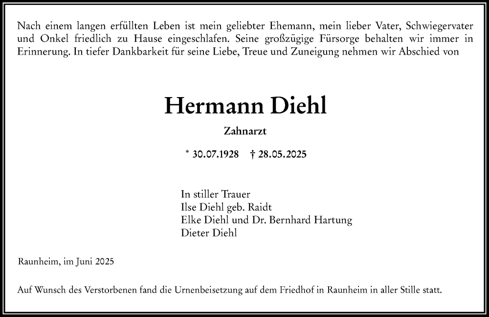  Traueranzeige für Hermann Diehl vom 21.06.2025 aus Rüsselsheimer Echo