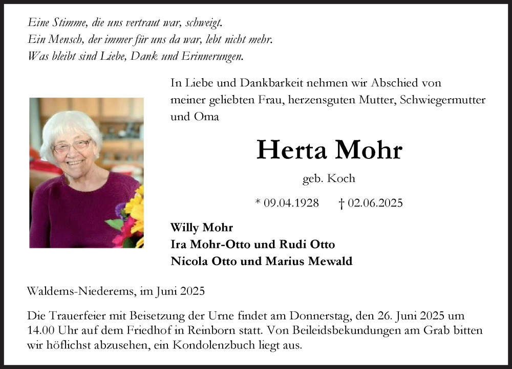  Traueranzeige für Herta Mohr vom 14.06.2025 aus Idsteiner Land/Untertaunus