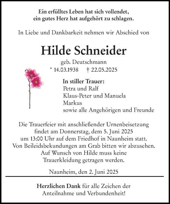 Traueranzeige von Hilde Schneider von Wetzlarer Neue Zeitung