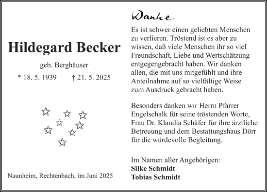 Traueranzeige von Hildegard Becker von Wetzlarer Neue Zeitung