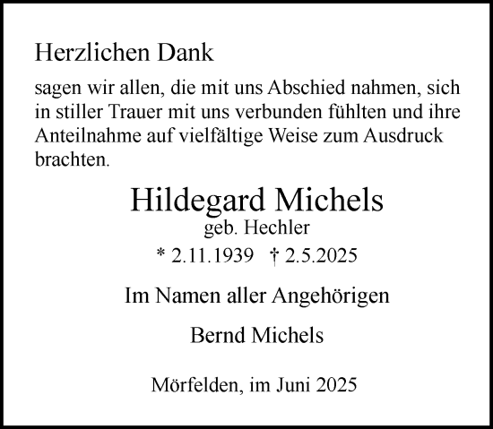 Traueranzeige von Hildegard Michels von Rüsselsheimer Echo
