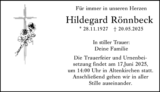Traueranzeige von Hildegard Rönnbeck von Wetzlarer Neue Zeitung