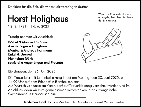 Traueranzeige von Horst Holighaus von Dill Block