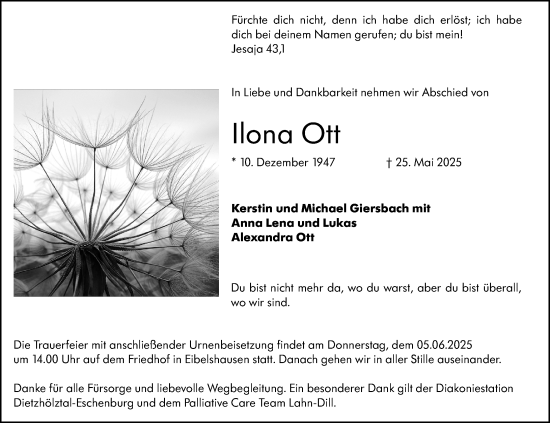 Traueranzeige von Ilona Ott von Dill Block