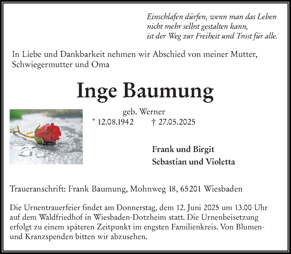  Traueranzeige für Inge Baumung vom 07.06.2025 aus Rüsselsheimer Echo