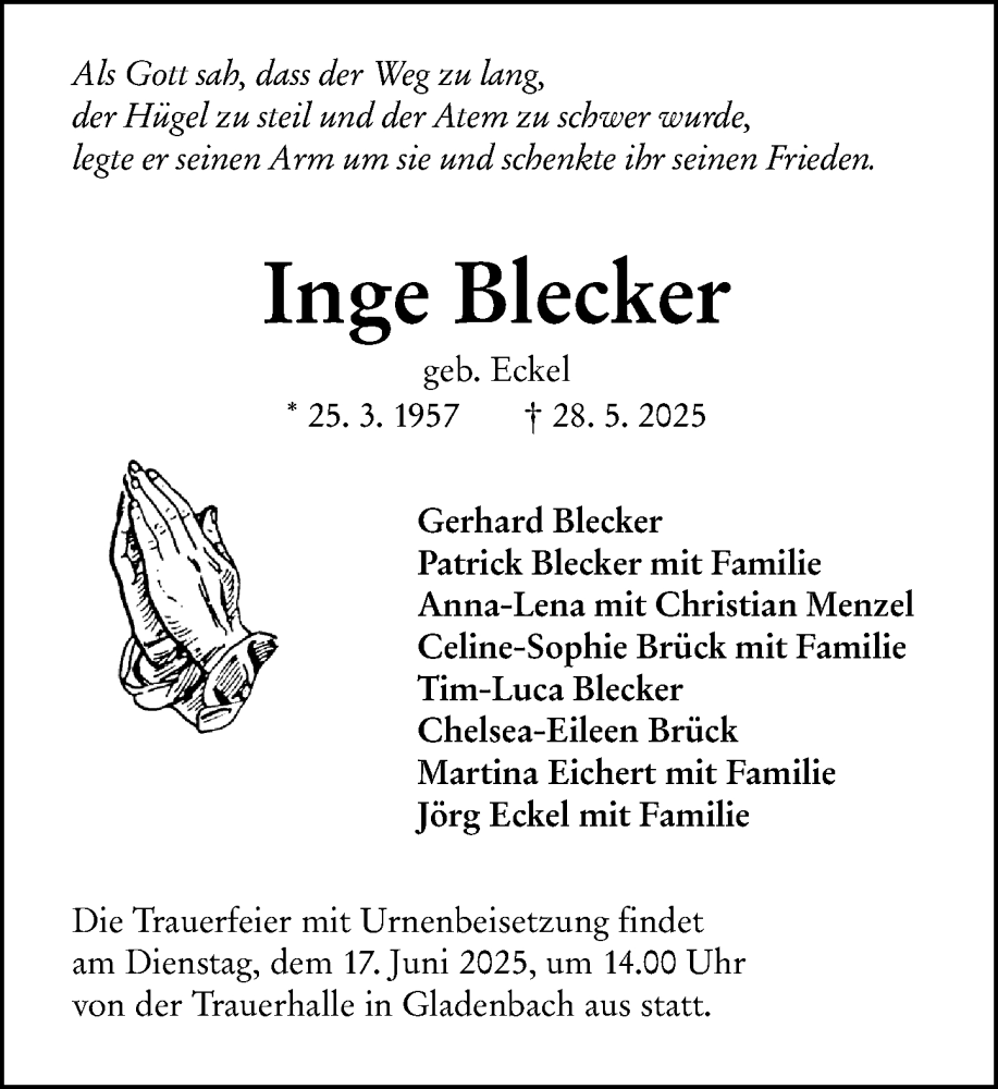  Traueranzeige für Inge Blecker vom 14.06.2025 aus Hinterländer Anzeiger