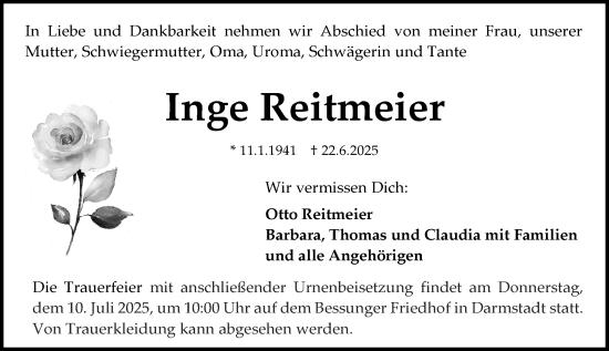 Traueranzeige von Inge Reitmeier von Darmstädter Echo
