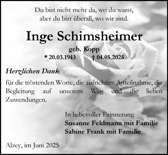 Traueranzeige von Inge Schimsheimer von Allgemeine Zeitung Alzey