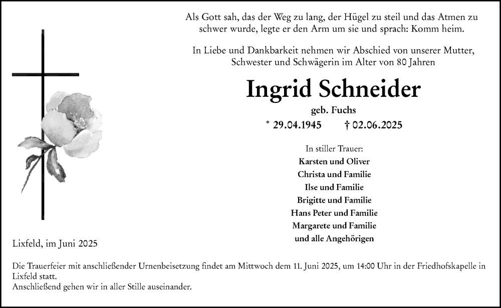  Traueranzeige für Ingrid Schneider vom 07.06.2025 aus Hinterländer Anzeiger