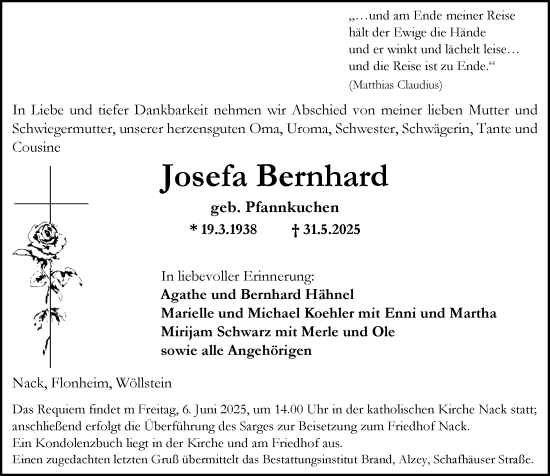 Traueranzeige von Josefa Bernhard von Allgemeine Zeitung Alzey