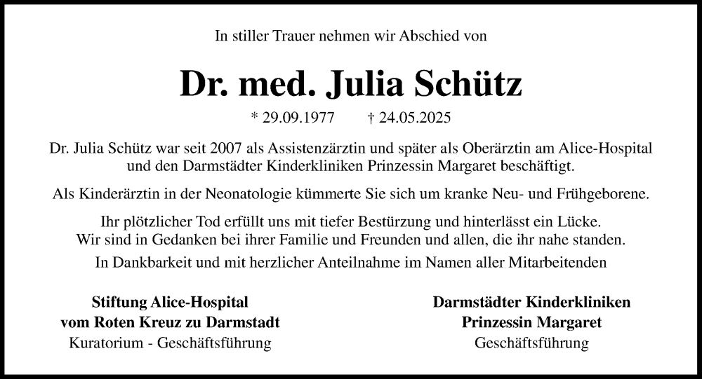  Traueranzeige für Julia Schütz vom 04.06.2025 aus Darmstädter Echo
