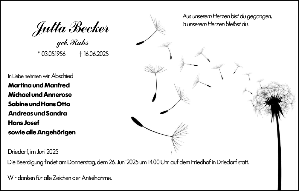  Traueranzeige für Jutta Becker vom 23.06.2025 aus Dill Block