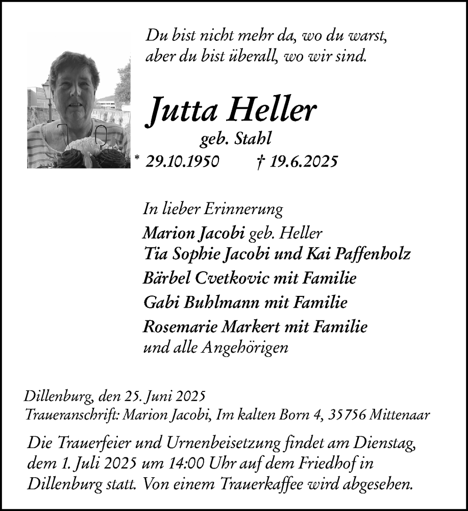  Traueranzeige für Jutta Heller vom 25.06.2025 aus Dill Block