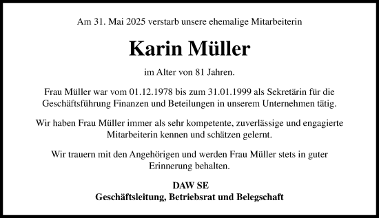 Traueranzeige von Karin Müller von Darmstädter Echo