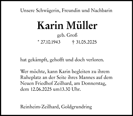 Traueranzeige von Karin Müller von Darmstädter Echo