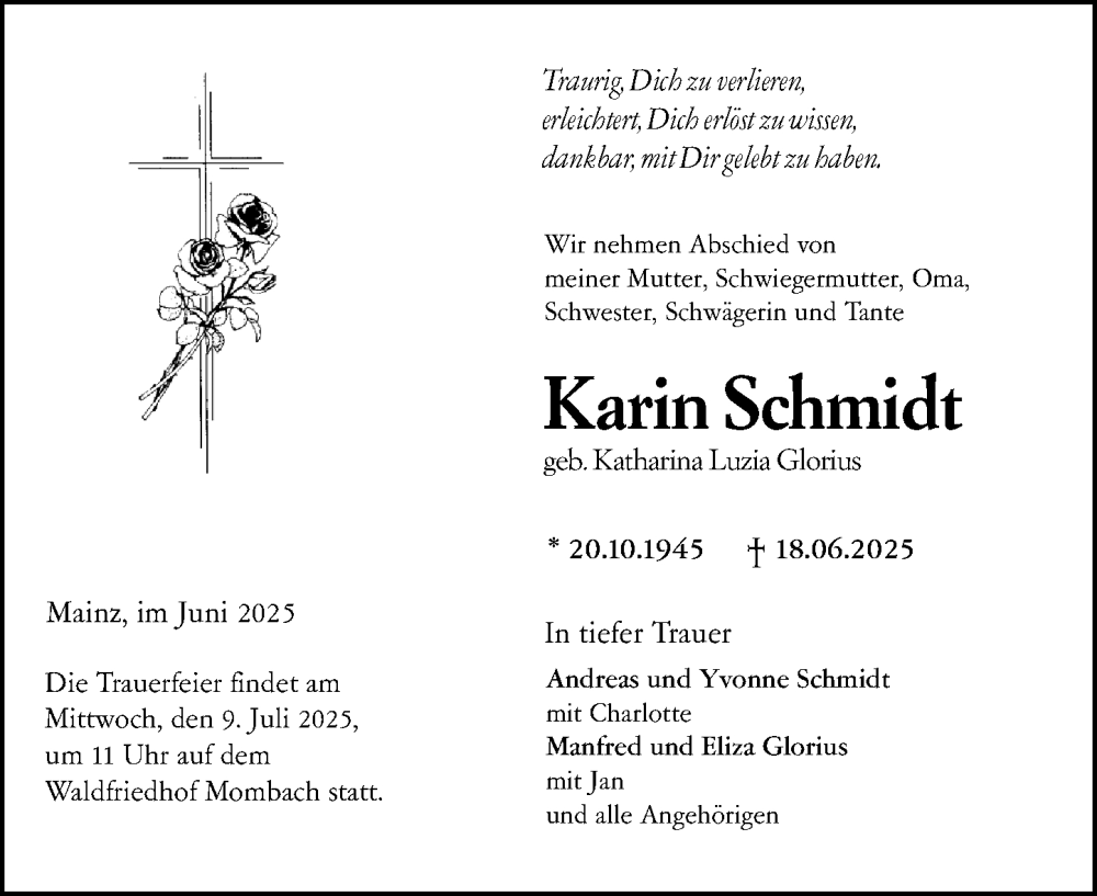  Traueranzeige für Karin Schmidt vom 28.06.2025 aus Allgemeine Zeitung Mainz