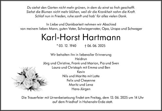 Traueranzeige von Karl-Horst Hartmann von Wetzlarer Neue Zeitung