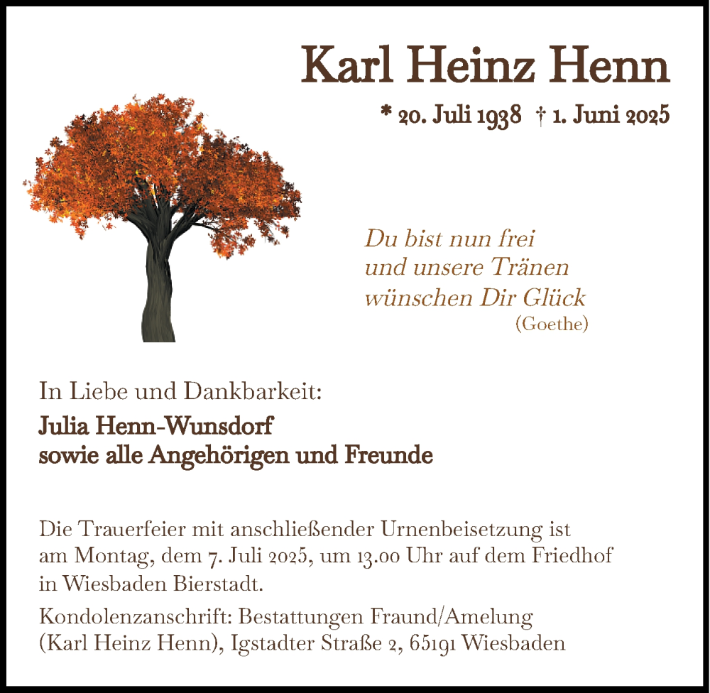  Traueranzeige für Karl Heinz Henn vom 07.06.2025 aus Wiesbadener Kurier
