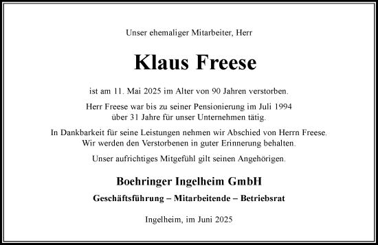 Traueranzeige von Klaus Freese von Allgemeine Zeitung Rheinhessen-Nahe