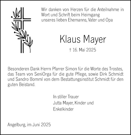 Traueranzeige von Klaus Mayer von Hinterländer Anzeiger