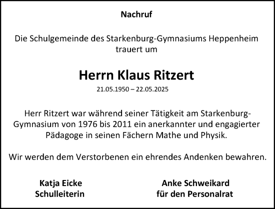 Traueranzeige von Klaus Ritzert von Starkenburger Echo